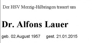 Trauer um Dr. Alfons Lauer !